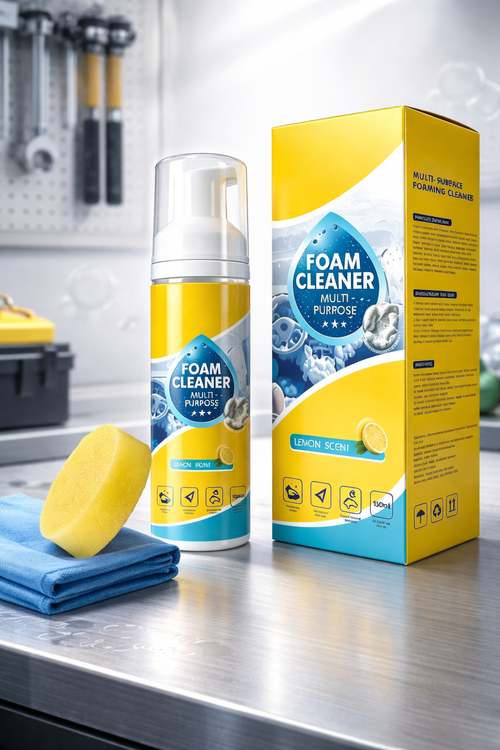 This foam cleaner easily removes stains from furniture, office surfaces, and car surfaces without wiping; simply wipe gently.