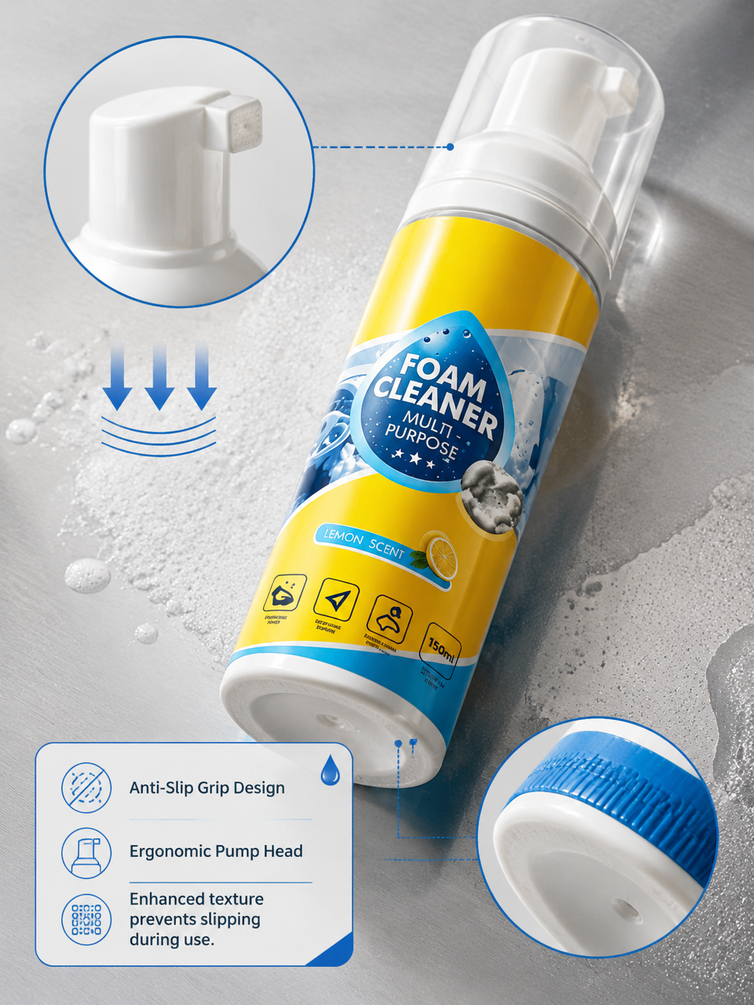 This foam cleaner easily removes stains from furniture, office surfaces, and car surfaces without wiping; simply wipe gently.